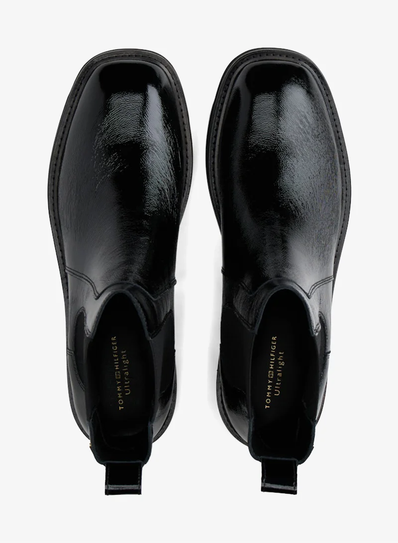 Tommy Hilfiger Black Patent Crinkle Leather Chelsea Boots for Women | Best Price UAE